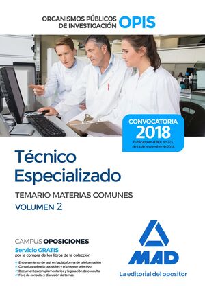 018 T2 TÉCNICO ESPECIALIZADO ORGANISMOS PÚBLICOS DE INVESTIGACIÓN (OPIS). TEMARIO MATERIAS COMUNES