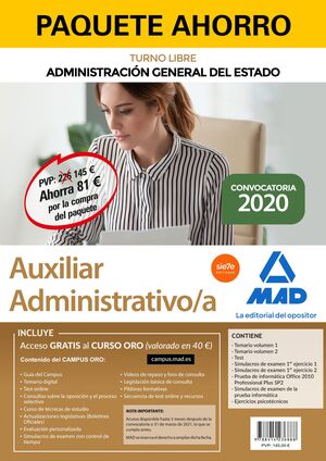 020 PAQUETE AHORRO 8VOLS AUXILIAR ADMINISTRATIVO DE LA ADMINISTRACIÓN GENERAL DEL ESTADO (